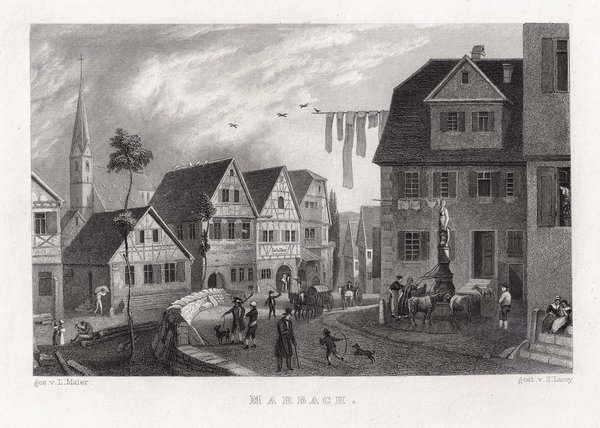 MARBACH am Neckar. Gesamtansicht. Originaler Stahlstich um 1850