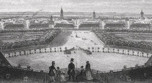 KARLSRUHE - Panoramablick vom Bleiturm.. Echter Stahlstich um 1850