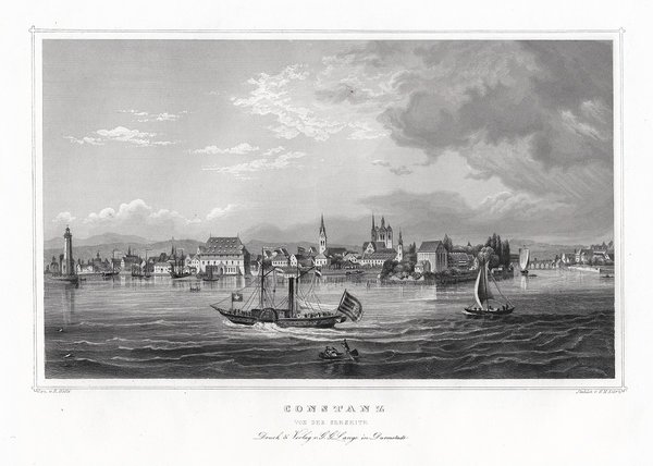 Konstanz am Bodensee von der Seeseite. Originaler Stahlstich um 1850