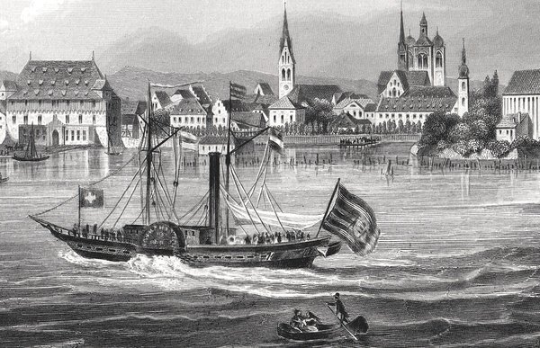 Konstanz am Bodensee von der Seeseite. Originaler Stahlstich um 1850