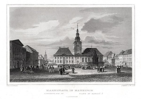 Mannheim - Der Marktplatz. Echter Stahlstich um 1850