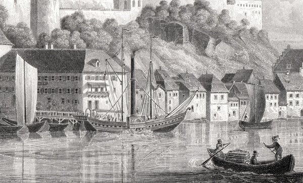 Meersburg am Bodensee. Originaler Stahlstich um 1850