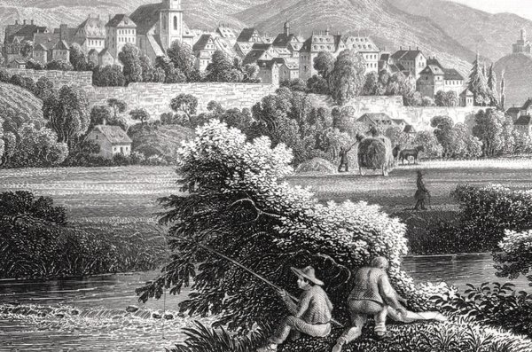 Offenburg im Schwarzwald, Gesamtansicht. Originaler Stahlstich um 1850