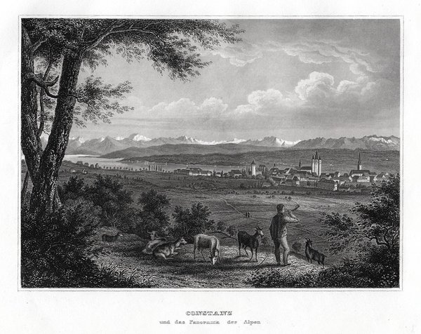 Konstanz, Bodensee, Gesamtansicht mit Alpen. Echter Stahlstich um 1850