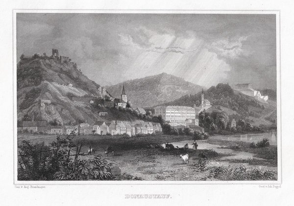 Donaustauf bei Regensburg Gesamtansicht. Originaler Stahlstich um 1850