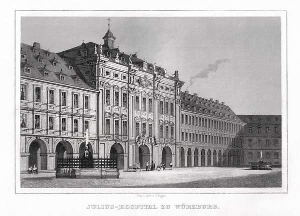 WÜRZBURG: Juliushospital. Originaler Stahlstich um 1850