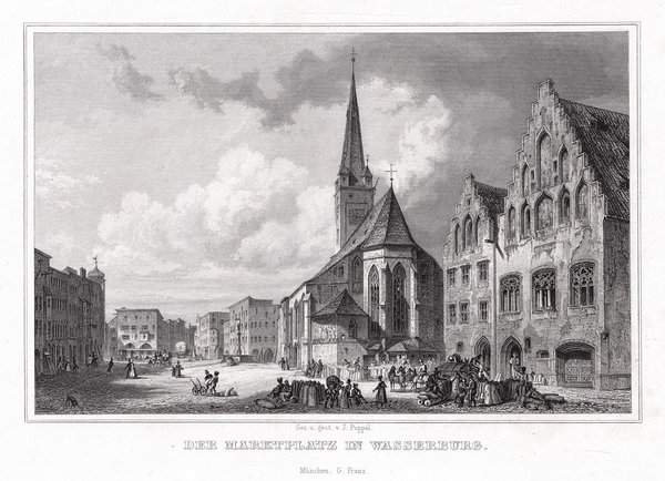WASSERBURG am Inn, Der Marktplatz. Originaler Stahlstich um 1850
