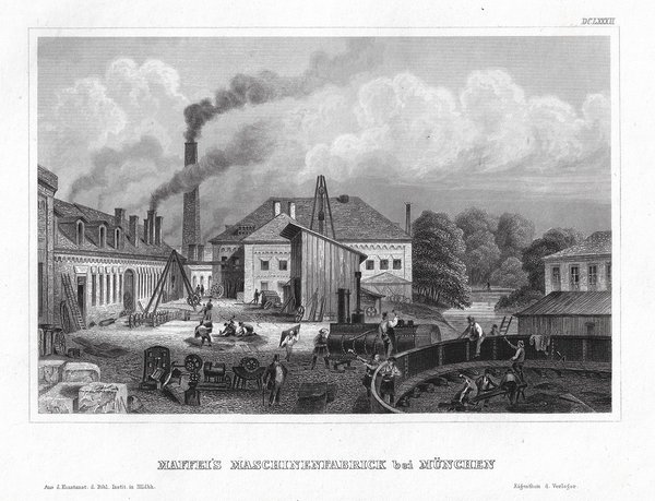 MÜNCHEN: Maschinenfabrik von Maffai. Originaler Stahlstich um 1860