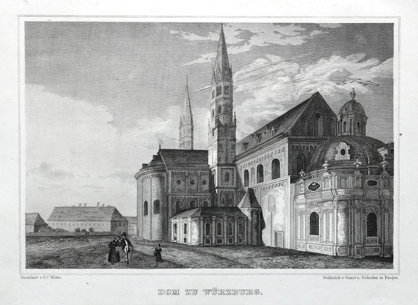 WÜRZBURG. Der Dom. Originaler Stahlstich um 1850