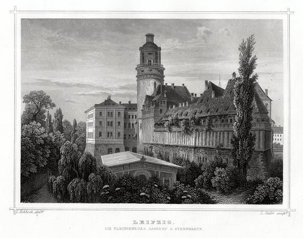 Leipzig: Die Pleissenburg, Kaserne & Sternwarte. Echter Stahlstich um 1850