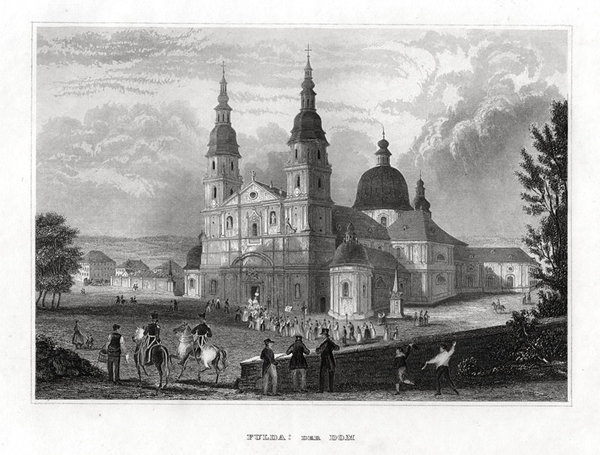 FULDA - Der Dom mit Prozession. Echter Stahlstich um 1850