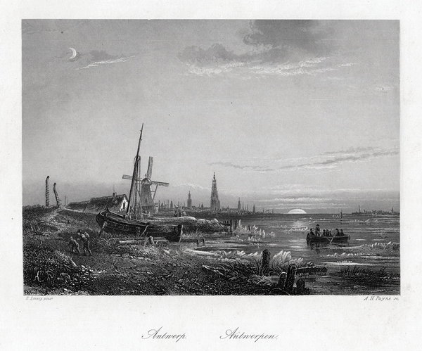 ANTWERPEN - Ansicht vom Meer aus: Stahlstich um. 1850