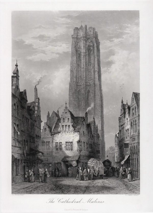 BELGIEN - Kathedrale von Mecheln, großer Stahlstich um 1870 von J.J. Crew