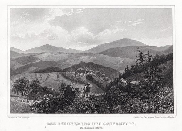 Schneeberg und Ochsenkopf, Fichtelgebirge. Originaler Stahlstich um 1850