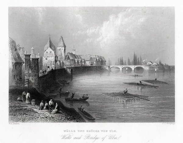 ULM - Wälle und Brücke. Echter Stahlstich um 1850