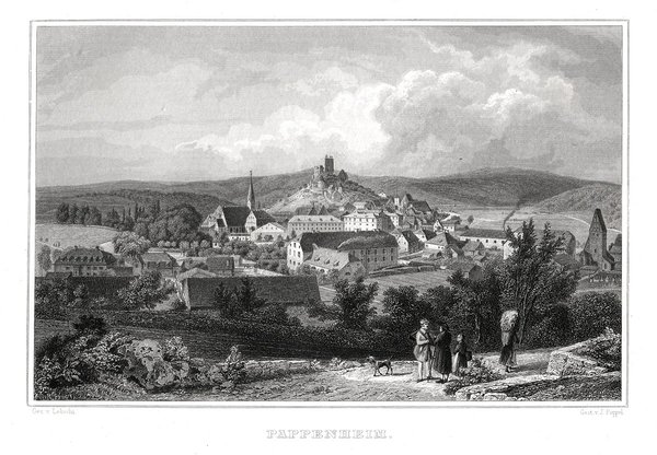 PAPPENHEIM - Gesamtansicht mit Burg.. Echter Stahlstich um 1850