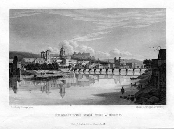 Passau von der Inn Seite aus -2. Echter Stahlstich um 1835