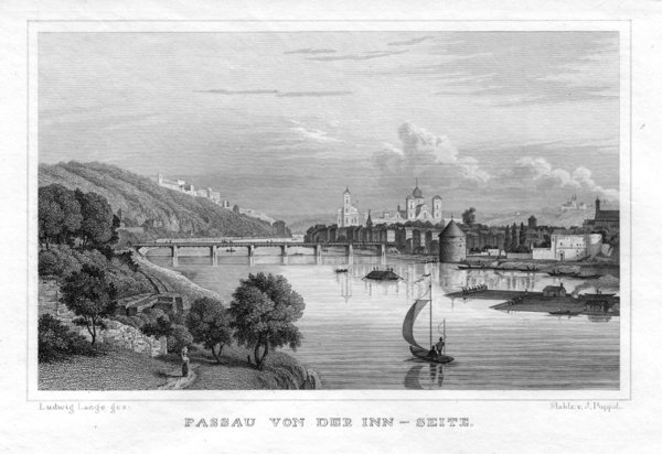 Passau von der Inn seite aus. Echter Stahlstich um 1835