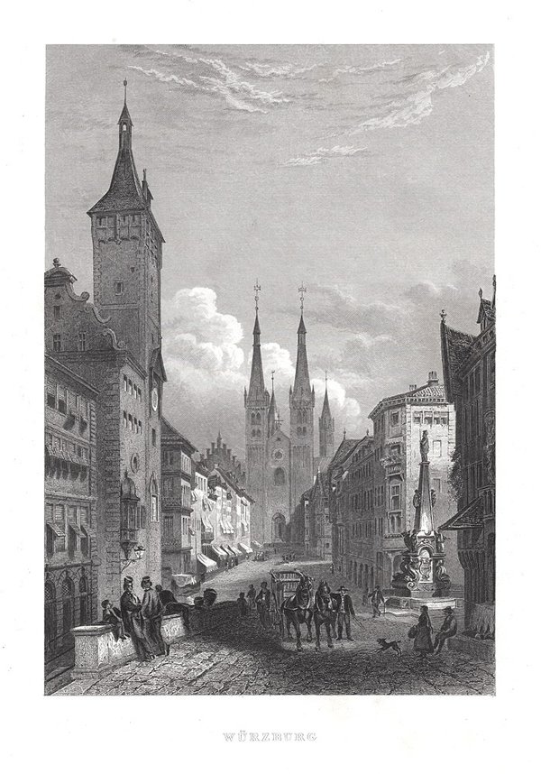 Würzburg - Domstraße. Originaler Stahlstich um 1840
