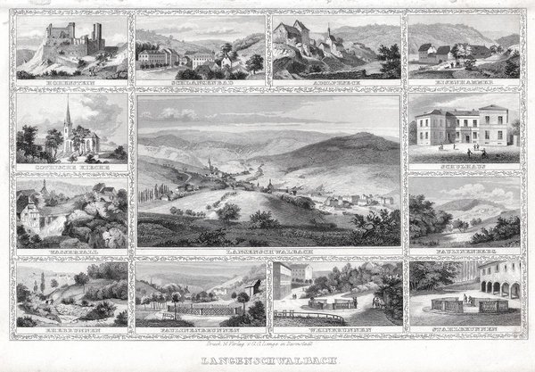 BAD SCHWALBACH: Souvenierblatt mit 13 Ansichten.. Originaler Stahlstich um 1860