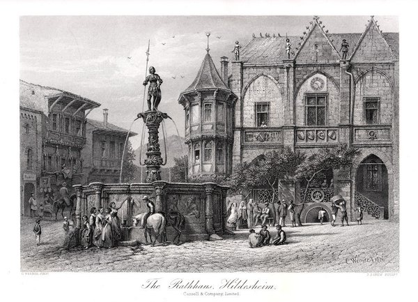HILDESHEIM - Rathaus und Brunnen, großer Stahlstich um 1875 von J.J. Crew