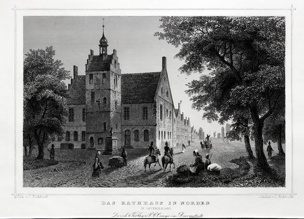 Stadt NORDEN in Ostfrieland: Das Rathaus. Originaler Stahlstich um 1850