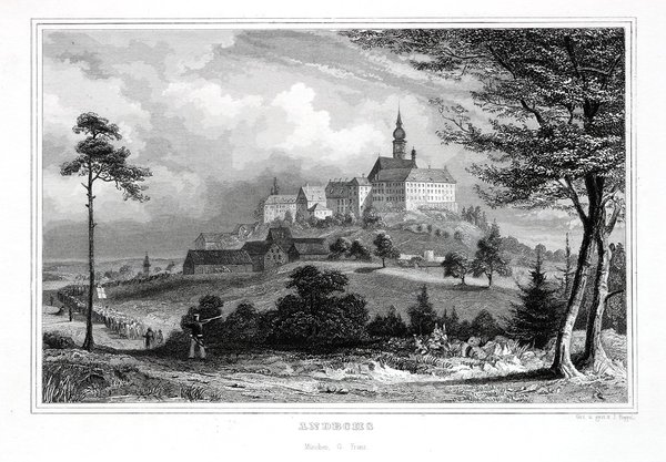 ANDECHS, Oberbayern. Gesamtansicht. Originaler Stahlstich 1843