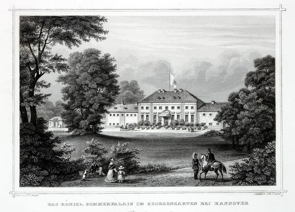 Hannover: Königl. Sommerpalais im Georgengarten. Originaler Stahlstich um 1850