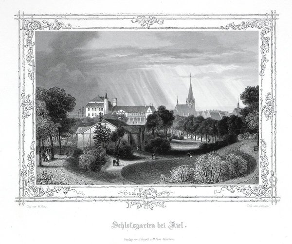 KIEL - Der Schlossgarten Originaler Stahlstich von Poppel / Kurz um 1850