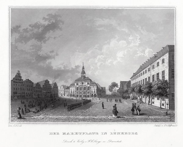 LÜNEBURG. Der Marktplatz. Originaler Stahlstich um 1850