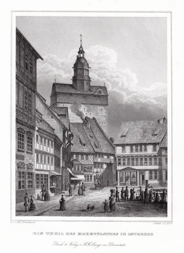 OSTERODE. Teilansicht des Marktplatzes. Originaler Stahlstich um 1850