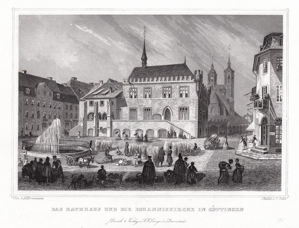 GÖTTINGEN: Das Rathaus und Johanniskirche. Originaler Stahlstich um 1850