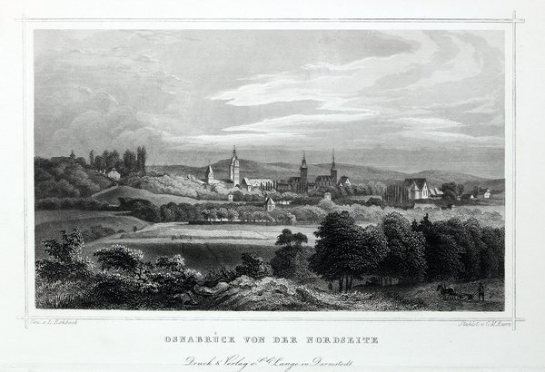 Osnabrück von der Nordseite. Originaler Stahlstich um 1850