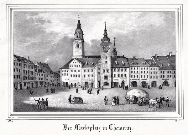 CHEMNITZ: Der Marktplatz:. Originale Kreidelithographie um 1840