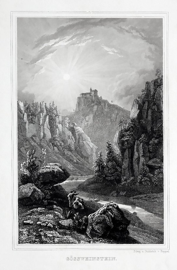 GÖSSWEINSTEIN: Ansicht mit der Burg. Originaler Stahlstich um 1870