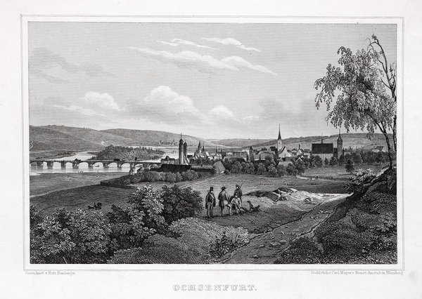 Ochsenfurt, Gesamtansicht. Originaler Stahlstich um 1850