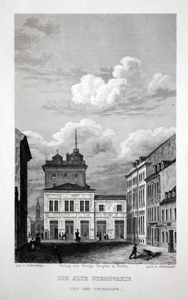 Berlin: Die alte Sternwarte und der Telegraph. Originaler Stahlstich 1833