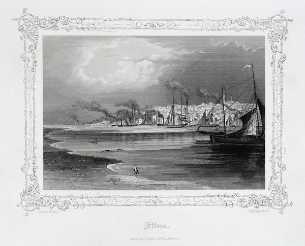 ALTONA- Gesamtansicht mit Schiffen.. Originaler Stahlstich von Kurz um 1850