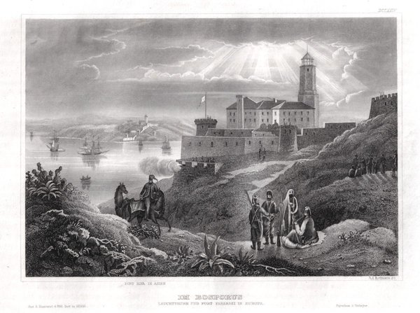Türkei - Bosporus Leuchtturm Fort Fanaraki. Originaler Stahlstich um 1850