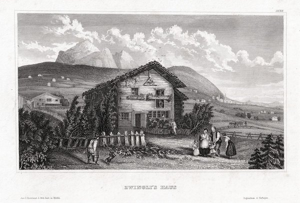 SCHWEIZ - Zwingli's Hütte bei Wildhaus. Originaler Stahlstich um 1840