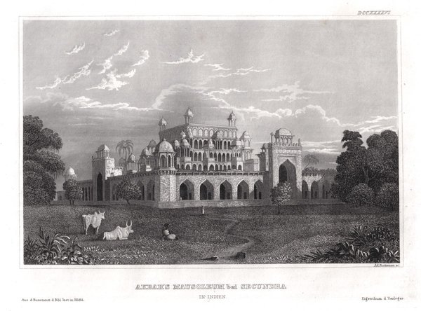 INDIEN: Secunderabad Akbars Mausoleum. Originaler, alter Stahlstich um 1840