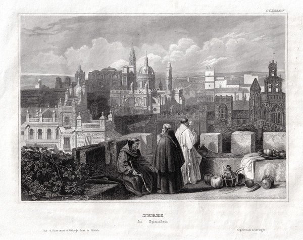 SPANIEN: Ansicht von Xeres . Echter Stahlstich um 1840