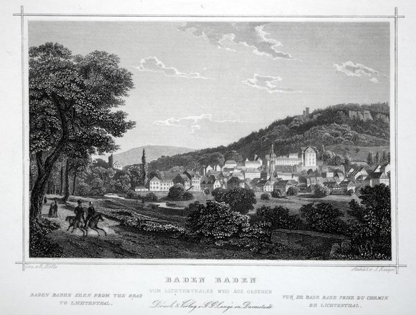 BADEN-BADEN. vom Lichtentaler Weg. Originaler Stahlstich um 1850