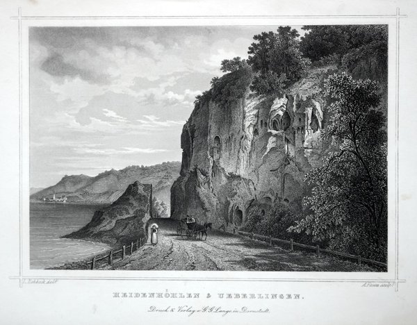 ÜBERLINGEN / Bodensee. Ansicht mit den Heidenhöhlen. Originaler Stahlstich um 1850