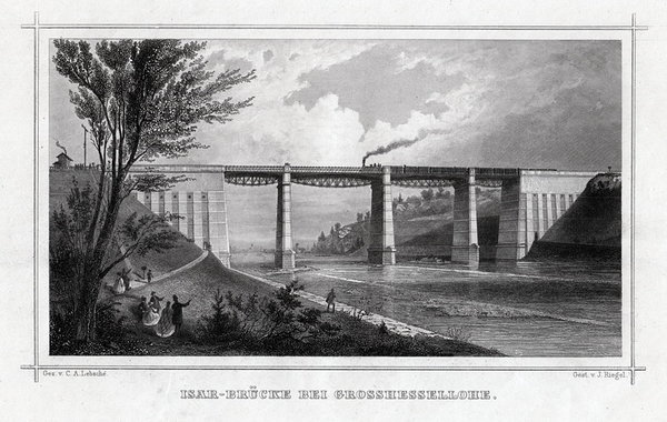 Großhesselohe - Eisenbahnbrücke über die Isar. - Stahlstich um 1850