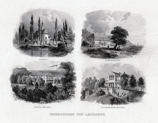 LANDSHUT - Blatt mit 4 Ansichten der Umgebung - Stahlstich um 1850