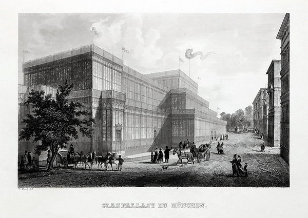 MÜNCHEN - Der Glaspalast - Stahlstich um 1850