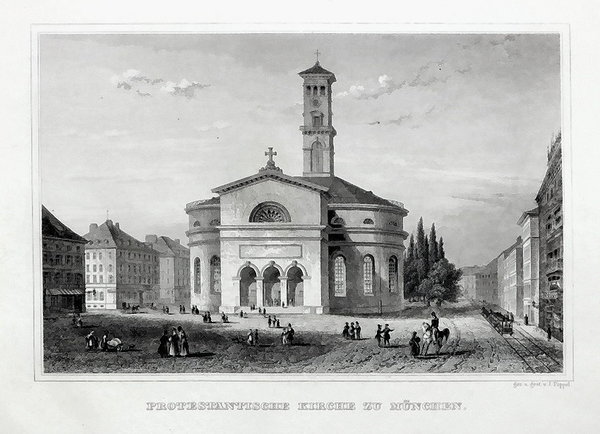 MÜNCHEN - Protestantische Kirche - Stahlstich um 1850