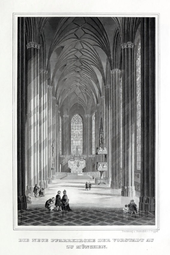 MÜNCHEN- AU - Innenansicht der neuen Pfarrkirche - Stahlstich um 1850