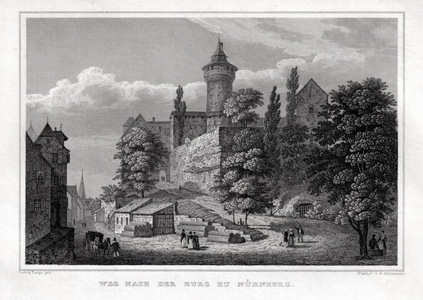 NÜRNBERG - Blick vom Burgweg aus. Originaler Stahlstich von 1837